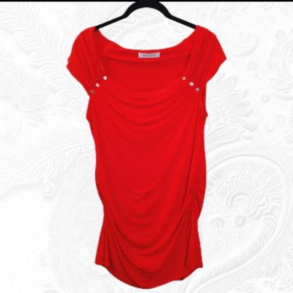 White House Black Market Red Drape Cap Sleeve Gathered Sides Top - Picture 1 of 3